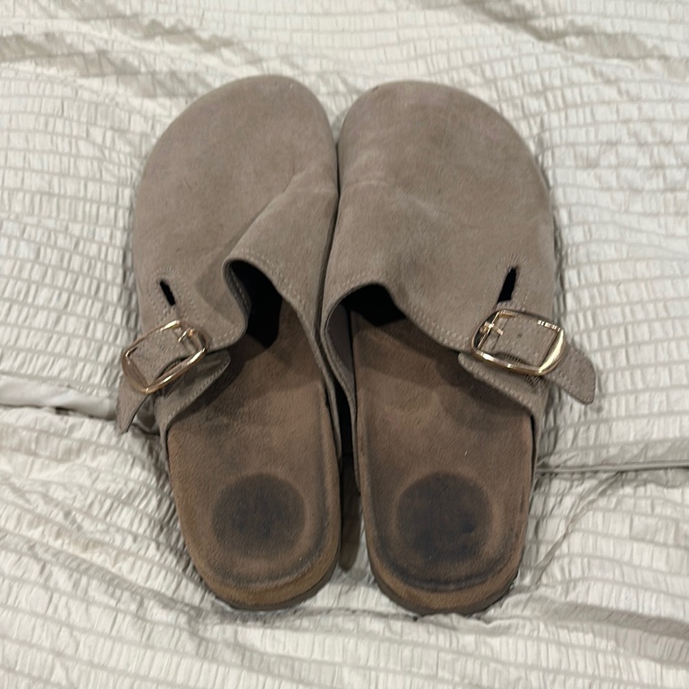 Time and Tru Taupe Suede Slip-On Mules with Gold Buckle